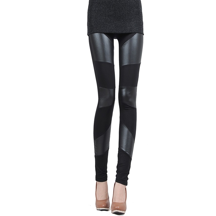 Spring and summer autumn patchwork leather pants legging women's patchwork faux leather legging thin