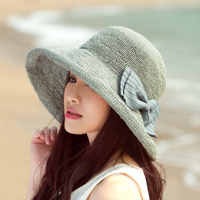 Spring and summer breathable women's sunbonnet natural twiner roll up hem cap elegant bow