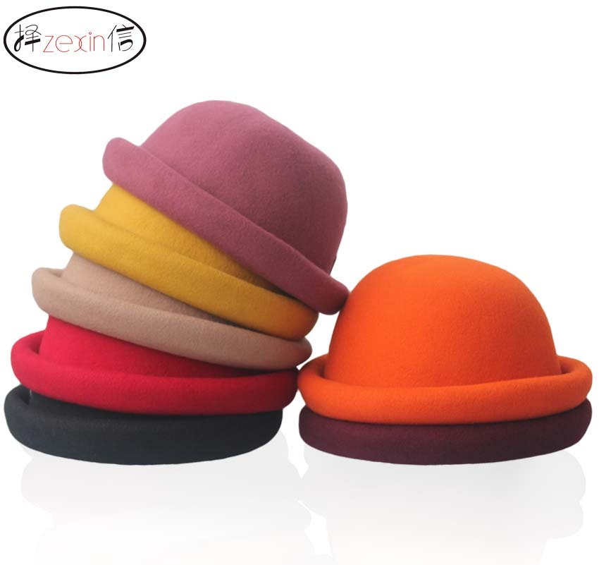 Spring and summer candy color vintage fashion decoration small fedoras pure wool dome roll-up hem fashion cap