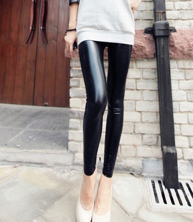 Spring and summer dull faux leather legging black leather pants slim elastic ankle length trousers pants