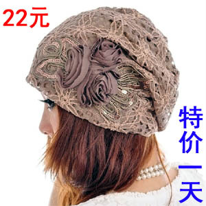 Spring and summer fashion cap lace flower pile cap millinery toe cap covering cap pocket turban hat