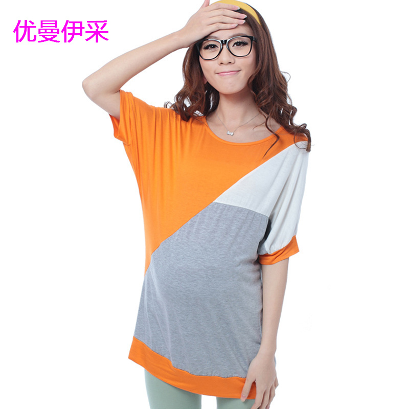 Spring and summer fashion maternity top plus size batwing shirt t-shirt maternity color block slim hip T-shirt
