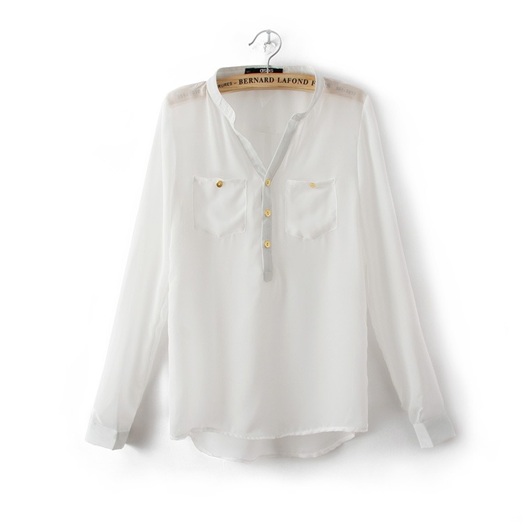Spring and summer fashion V-neck perspectivity cardigan multi-pocket casual gold button chiffon shirt