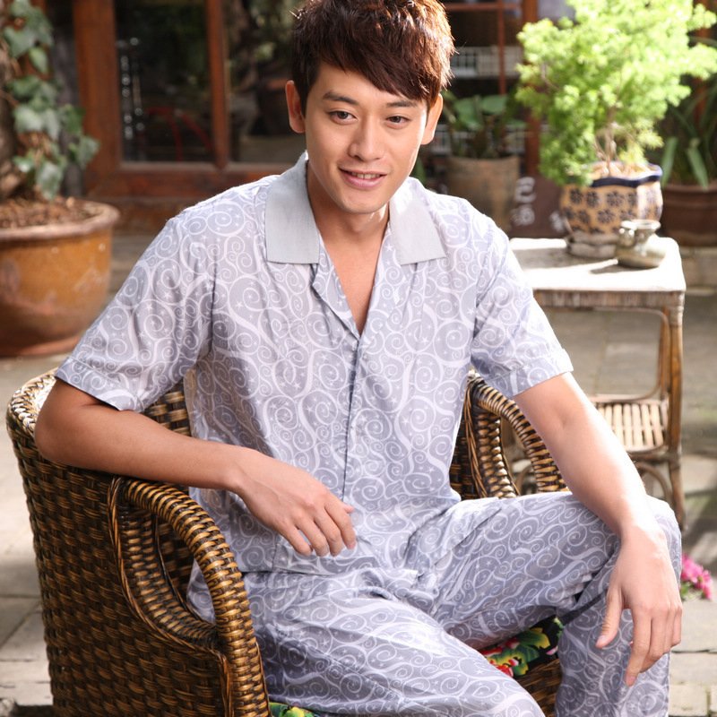 Spring and summer faux silk short sleeve length pants men's sleepwear lounge set brief 92295520