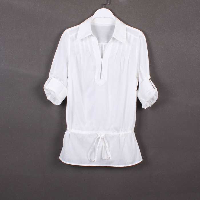 Spring and summer female medium-long shirt classic stripe half sleeve turn-down collar pullover chiffon