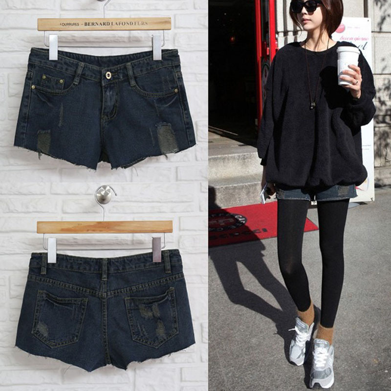 Spring and summer loose plus size denim shorts dark color hole denim boot cut jeans hot female trousers