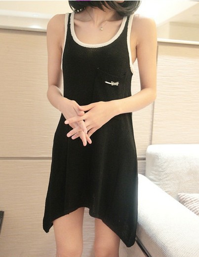 Spring and summer low o-neck loose stripe medium-long vest sweater female bing ma knitted sweater dress