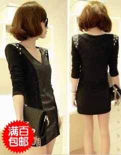 Spring and summer mushroom women's sexy slim hip leather skirt basic skirt long-sleeve dress