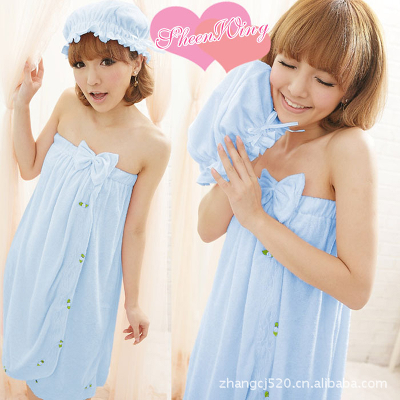 Spring and summer new arrival pectoral girdle shower cap towel robe nightgown medium-long bath towel bathrobes candy color