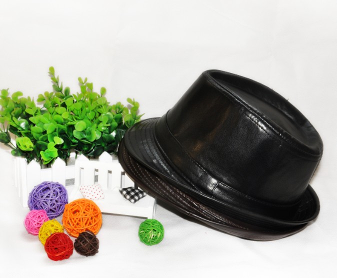 Spring and summer plain casual hat jazz hat fashion short brim campaniform genuine leather fedoras male black