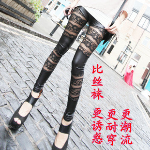 Spring and summer popular thin faux leather patchwork lace legging lace high quality faux leather ankle length trousers legging