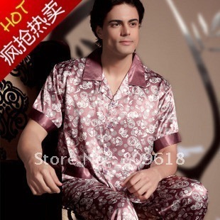 spring and summer short sleeve length pants faux silk male sleepwear free shipping