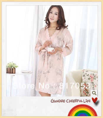 Spring and summer silk sleep set women's sexy faux silk robe bathrobes spaghetti strap nightgown twinset