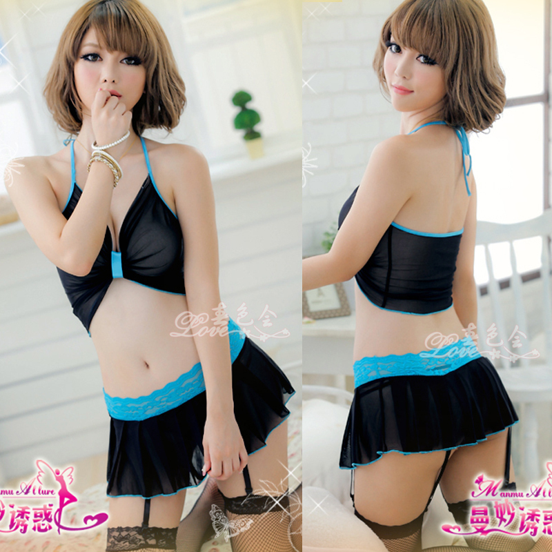 Spring and summer skimpily bra set bra short skirt spaghetti strap socks fishnet stockings sleepwear nightgown set