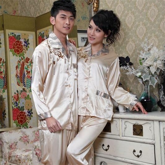 Spring and summer sleepwear luxurious and noble male women's 100% cotton long-sleeve silk lovers mulberry silk sleep set lounge