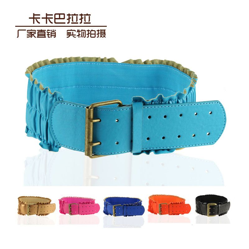 Spring and summer women's candy color metal color leather pleated black wide belt cummerbund