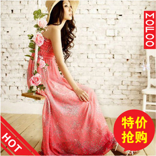 Spring and summer women's new arrival 2013 bohemia full dress chiffon skirt spaghetti strap one-piece dress beach tube top dress