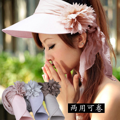 Spring and summer women's roll sunscreen sunbonnet gentlewomen flower big windproof large along the cap visor