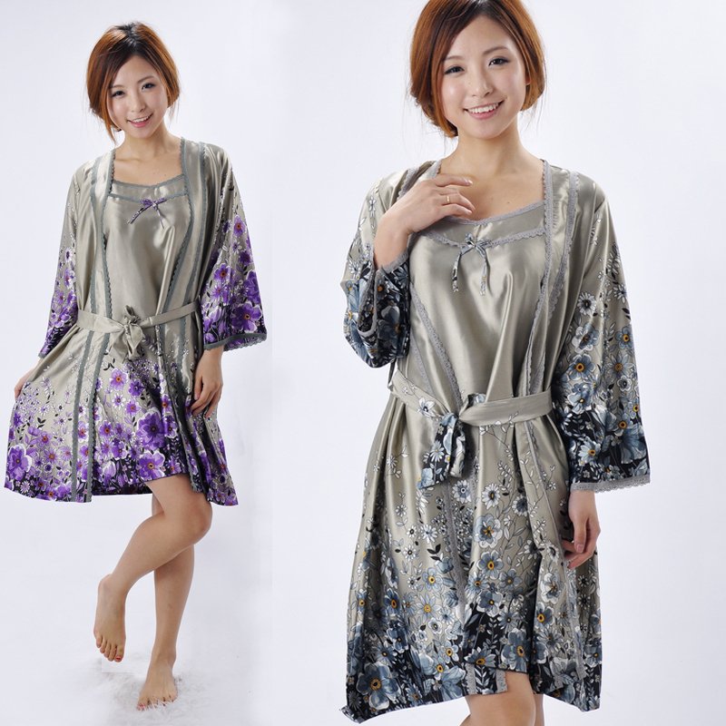 Spring and summer women's sexy charming sleepwear silk long-sleeve robe spaghetti strap nightgown twinset new arrival
