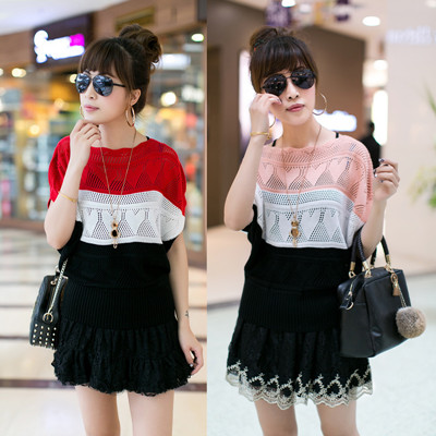 Spring and summer women's short-sleeve cutout color block decoration loose plus size shirt sweater