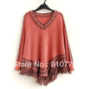 Spring and winter women cape cloak tassel V-neck sweater, batwing sleeve sweater, loose plus size outerwear knitted