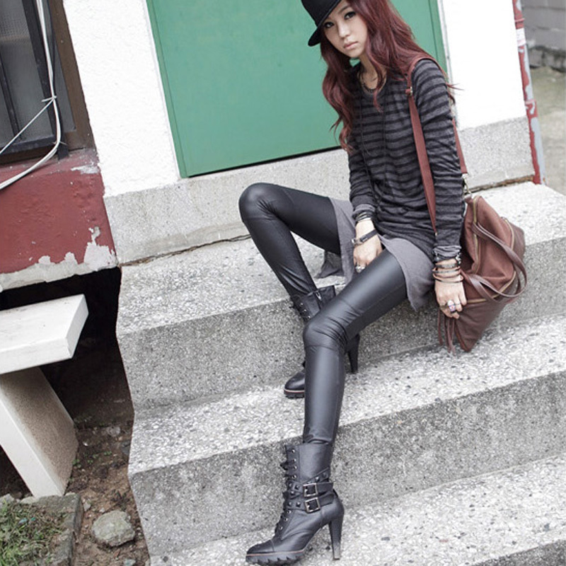Spring autumn and winter faux leather elastic legging pants female FREE SHIPPING