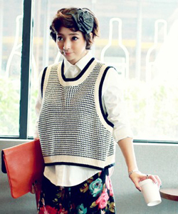 Spring autumn women's vintage preppy style loose yarn  vest  vest shirt outerwear sweater