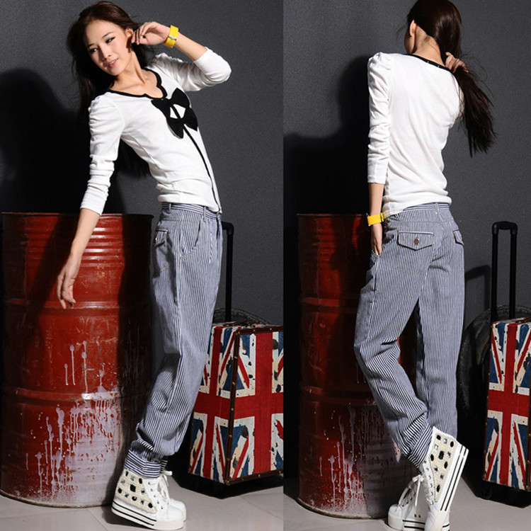 Spring black and white stripe personalized 100% cotton casual loose straight jeans female trousers slim