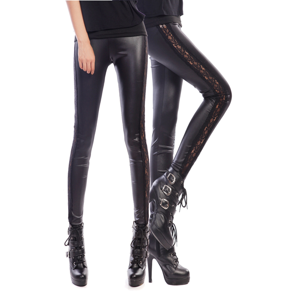 Spring black elastic PU patchwork elastic lace leather pants long