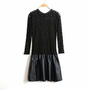 Spring black lace slim one-piece dress women's basic patchwork leather skirt one-piece dress female