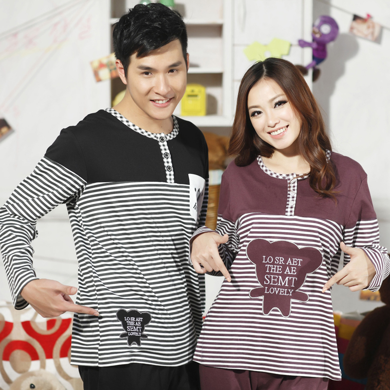 Spring casual lovers sleepwear 100% cotton cartoon embroidered stripe bear lounge set Free delivery