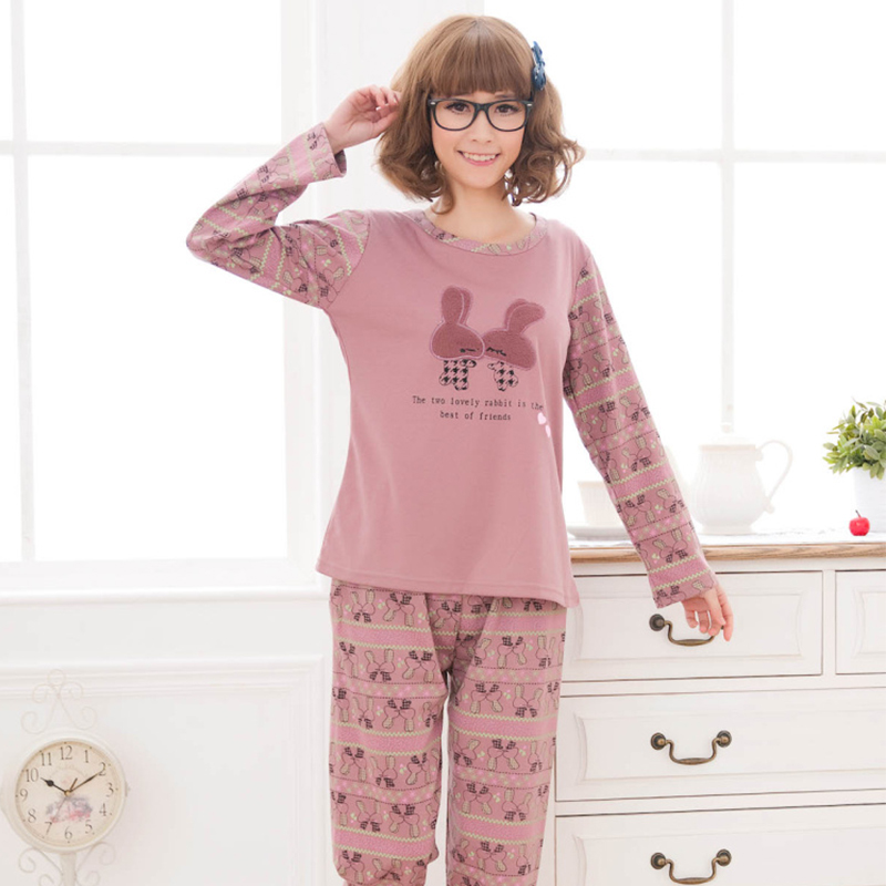 Spring casual outdoor 100% cotton sleepwear double slider rabbit women's lounge twinset Free delivery