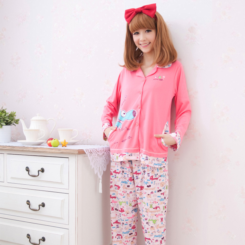 Spring casual outdoor 100% cotton sleepwear penitently dog open front women's long-sleeve lounge twinset Free delivery