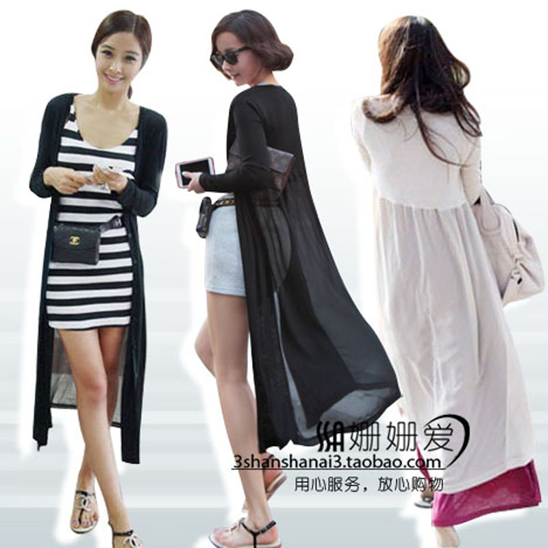 Spring chiffon patchwork ultra-thin sun protection clothing air conditioning shirt beach wear cardigan trench ultra long