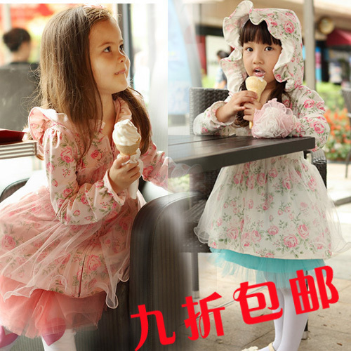 Spring children's clothing female child rose print gauze with a hood medium-long princess trench outerwear