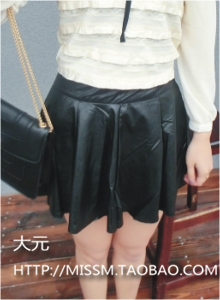 Spring element pretty fashion preppy style PU wave expansion bottom puff short skirt half-length leather skirt