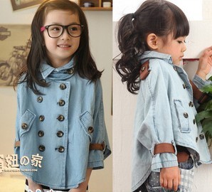 Spring fashion double breasted female child denim cloak outerwear 1061