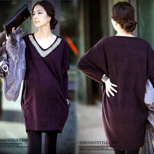 Spring fashion maternity clothing purple maternity top loose batwing long-sleeve shirt one-piece dress