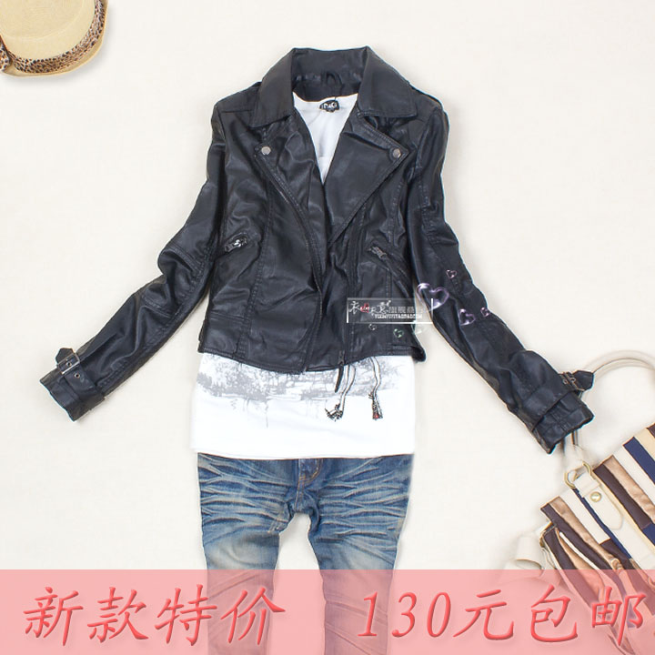 Spring fashion motorcycle slim turn-down collar short design PU water wash leather jacket leather clothing women's w105