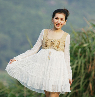 Spring fashion new arrival PU leather matching white lace dress chalaza Retro dress