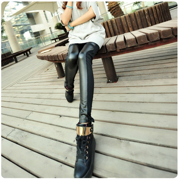 Spring fashion personality 100% cotton patchwork faux leather ankle length legging