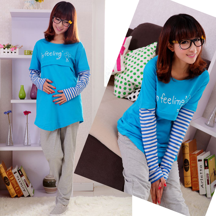 Spring fashion stripe top faux two piece sweatshirt maternity nursing fashion top
