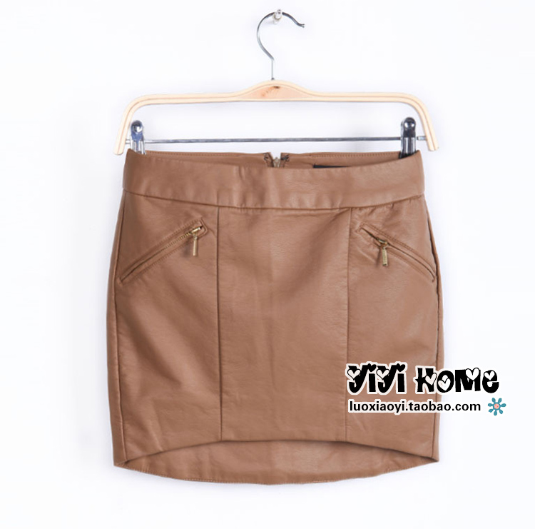 Spring fashion topshop low-high zipper pocket leather skirt slim hip skirt step short skirt