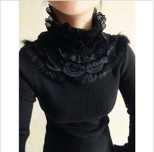 Spring faux lace long-sleeve turtleneck sweater black slim basic shirt female