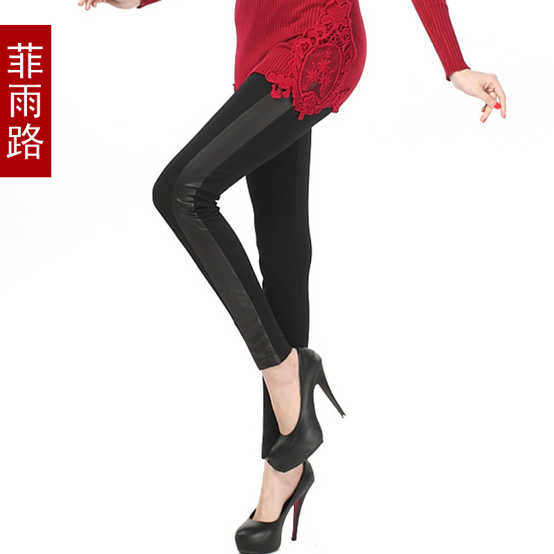 Spring faux leather patchwork cotton legging women's ankle length trousers pants plus size