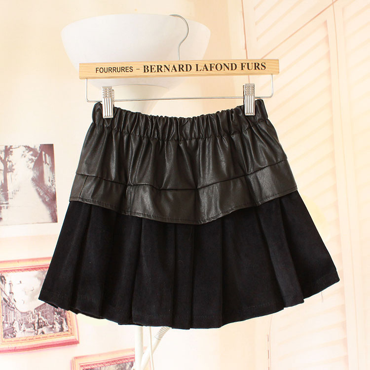 Spring faux leather velvet patchwork autumn and winter short skirt pleated bottom expansion skirt woolen skirt 2176