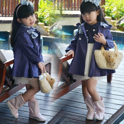 Spring female child fashion double breasted bow with a hood trench casual outerwear