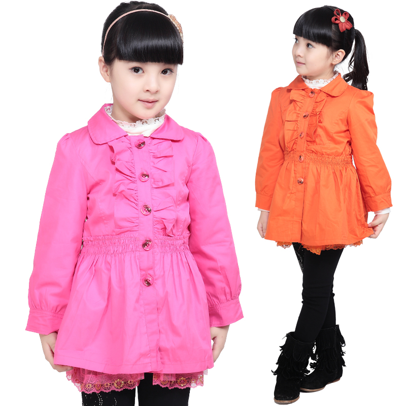 Spring female child trench lace decoration sweep slanting stripe cotton water wash lengthen coat 7303