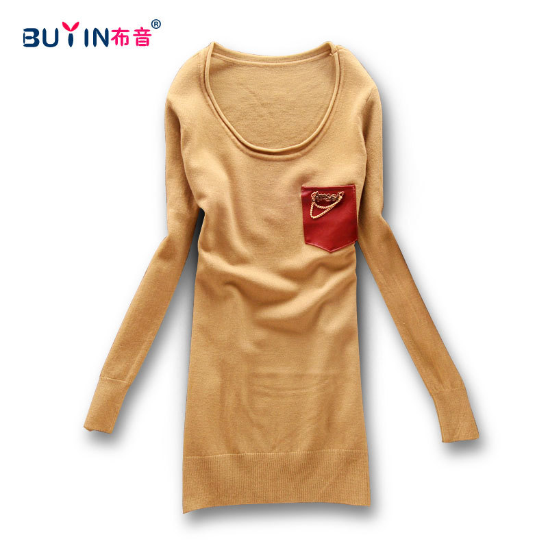 Spring female necklace PU pocket medium-long slim basic knitted sweater