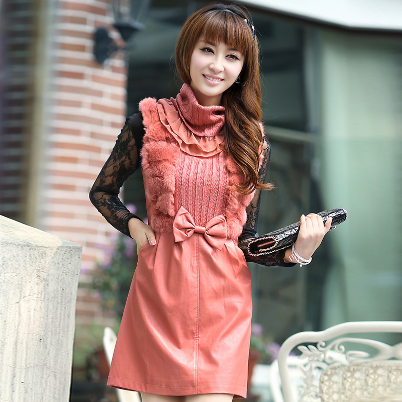 Spring female PU rabbit fur sleeveless slim leather skirt vest basic skirt one-piece dress